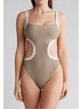 Sanctuary Taupe One-Piece Swimsuit with White Trim